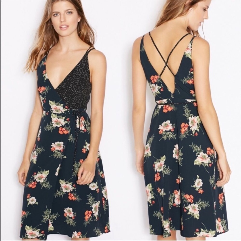Topshop Floral Wrap Midi Dress in Navy & Black